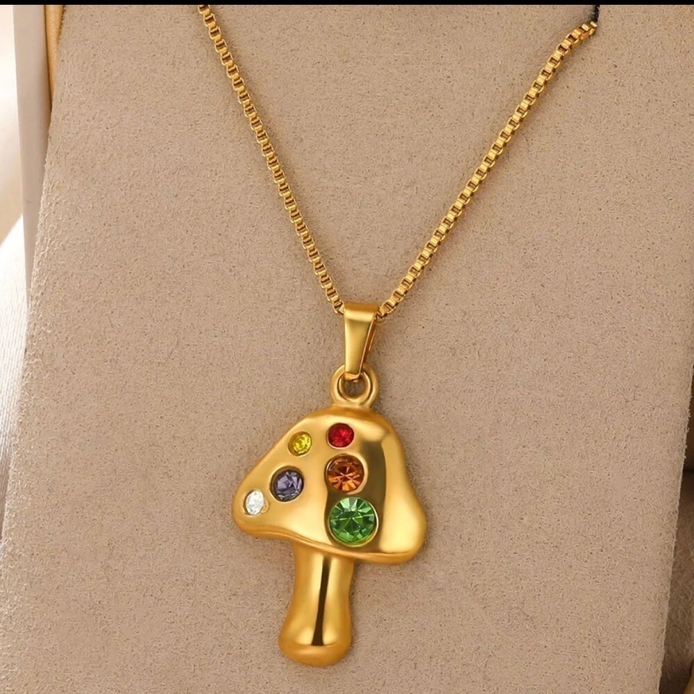 18K Gold Plated Bohemian Mushroom With Colored Zircon Inlay Necklace - Picture 2 of 5